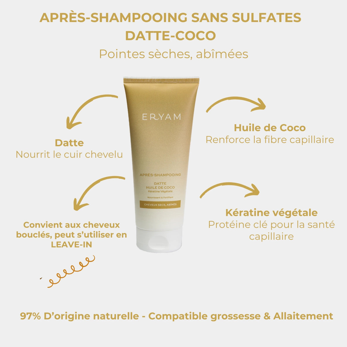 Après-shampooing sans sulfates datte-coco : actifs et bienfaits - Eryam