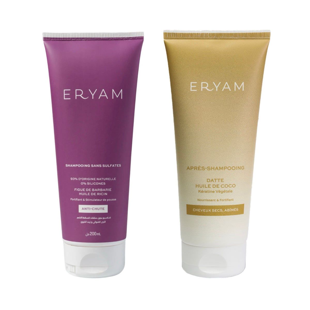 Routine antichute ERYAM : shampooing antichute et après-shampooing datte et huile de coco