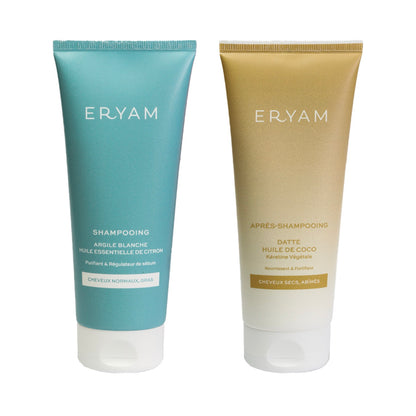 Routine mixte ERYAM : shampooing argile blanche et citron, après-shampooing datte et huile de coco