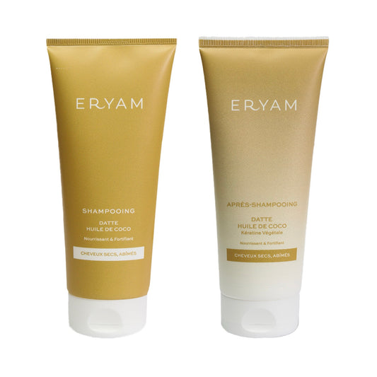 Routine cheveux et cuir chevelu secs ERYAM : shampooing et après-shampooing datte et huile de coco