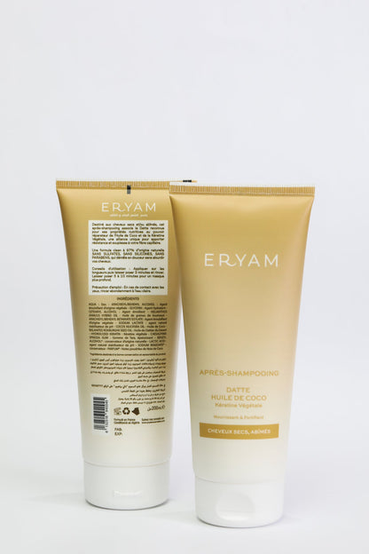 Après-shampooing datte et huile de coco ERYAM, face et dos du tube